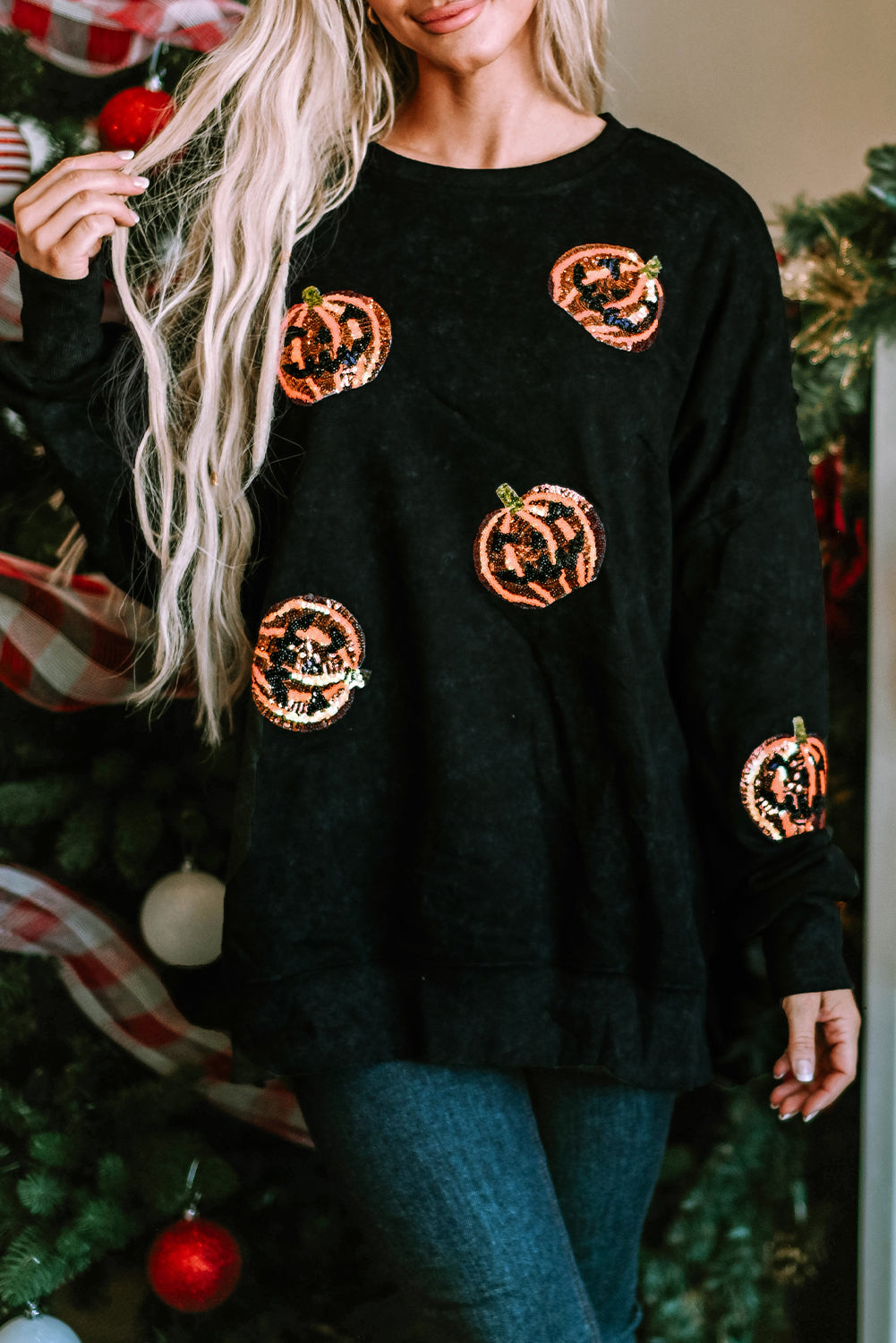 Black Sequined Jack O Lantern Split Hem Baggy Sweatshirt Graphic Sweatshirts JT's Designer Fashion