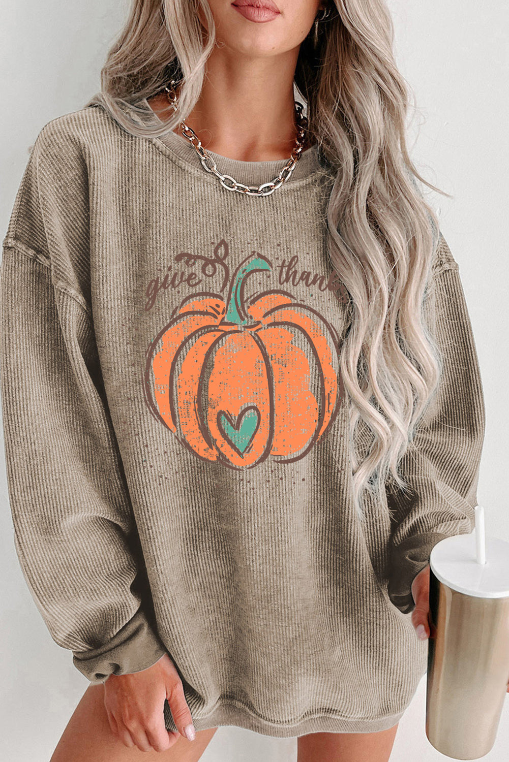 Khaki Give Thanks Pumpkin Graphic Corded Sweatshirt Khaki 100%Polyester Graphic Sweatshirts JT's Designer Fashion