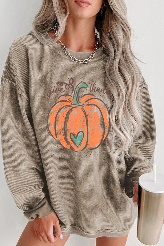 Khaki Give Thanks Pumpkin Graphic Corded Sweatshirt Khaki 100%Polyester Graphic Sweatshirts JT's Designer Fashion