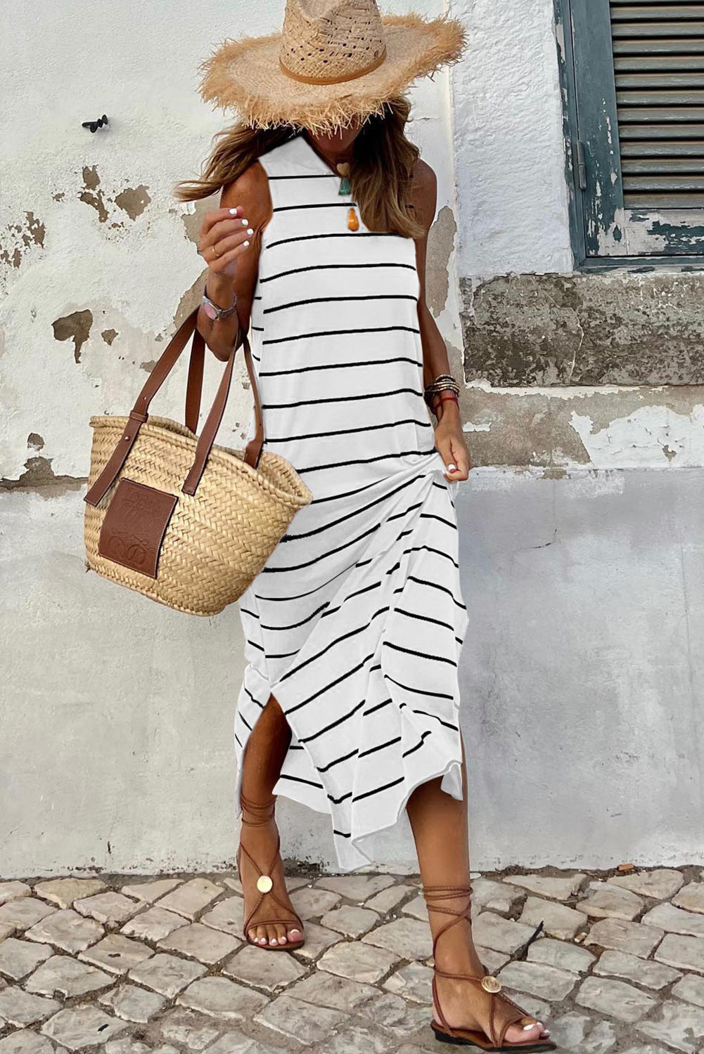 White Stripe Print Open Back Sleeveless Long Dress with Slits Maxi Dresses JT's Designer Fashion