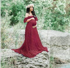 Lace Maternity Maxi Dress With Train Burgundy Maternity Dresses JT's Designer Fashion