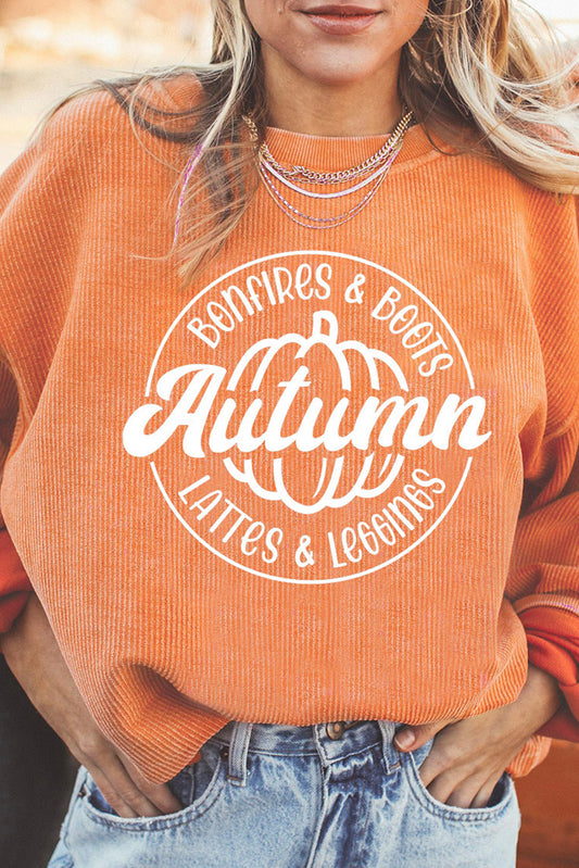 Orange Autumn Pumpkin Graphic Print Corded Oversized Sweatshirt Orange-3 100%Polyester Graphic Sweatshirts JT's Designer Fashion