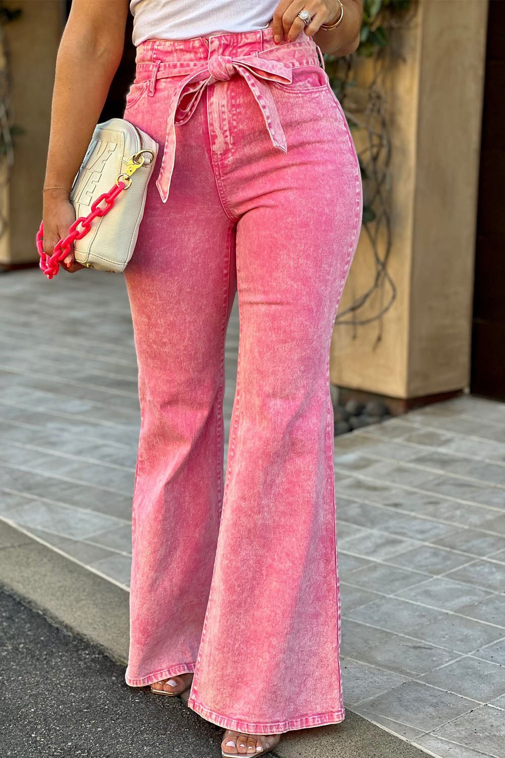 Pink Flare Leg High Waist Front Knot Casual Jeans Pink 98%Cotton+2%Elastane Jeans JT's Designer Fashion