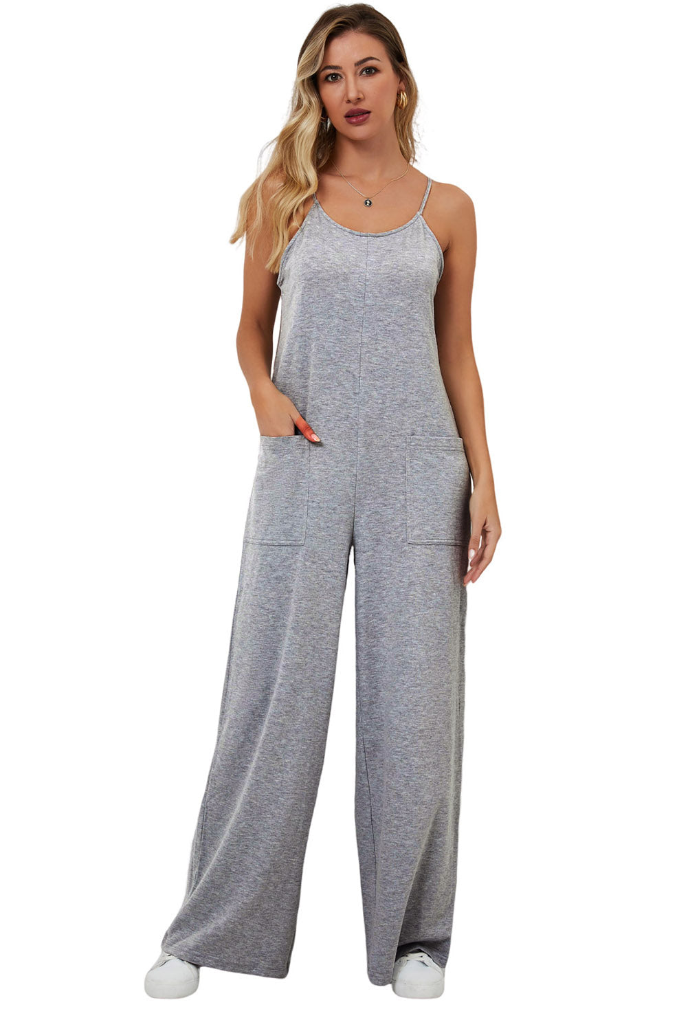 Gray Loose Fit Side Pockets Spaghetti Strap Wide Leg Jumpsuit Jumpsuits & Rompers JT's Designer Fashion