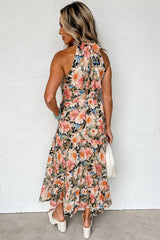 Black Knotted Halterneck Floral Ruffle Dress Dresses JT's Designer Fashion