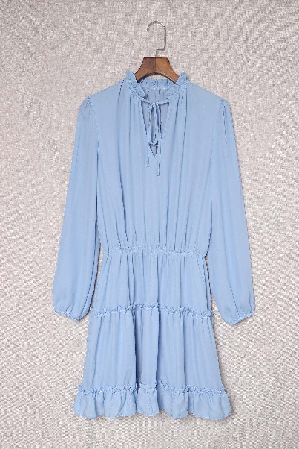 Light Blue V Neck Long Sleeve Ruffle Tiered Mini Dress Mini Dresses JT's Designer Fashion