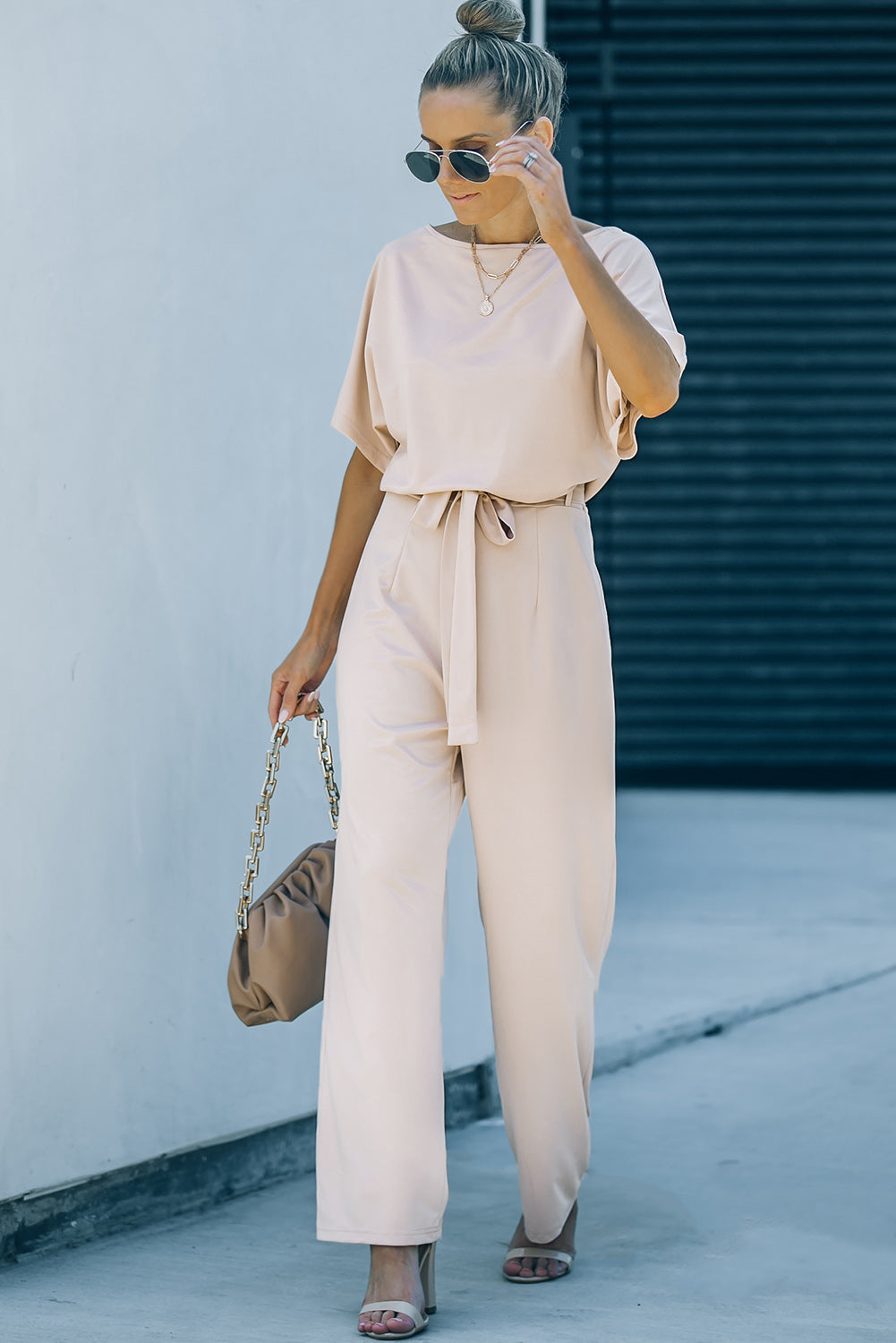 Apricot Oh So Glam Belted Wide Leg Jumpsuit Jumpsuits & Rompers JT's Designer Fashion