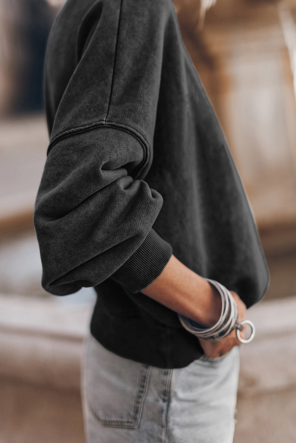 Black Drop Shoulder Crew Neck Pullover Sweatshirt Sweatshirts & Hoodies JT's Designer Fashion