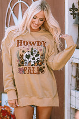 Khaki HOWDY FALL Pumpkin Print Split Hem Sweatshirt Graphic Sweatshirts JT's Designer Fashion