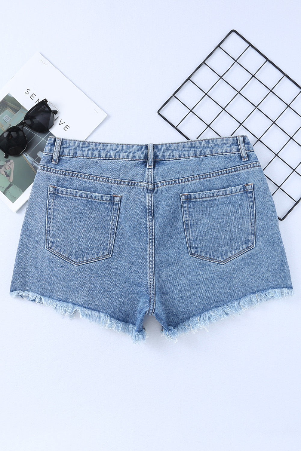 Sky Blue High Rise Crossover Waist Denim Shorts Denim Shorts JT's Designer Fashion