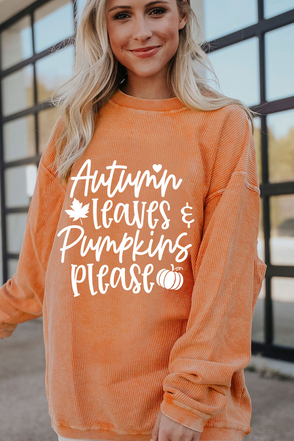 Orange Autumn Leaves Pumpkins Please Ribbed Oversized Sweatshirt Graphic Sweatshirts JT's Designer Fashion