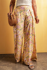 Yellow Thigh High Split Wide Leg Floral Pants Bottoms JT's Designer Fashion
