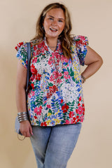 Red Plus Floral Print Ruffle Cap Sleeve V Neck Blouse Plus Size JT's Designer Fashion