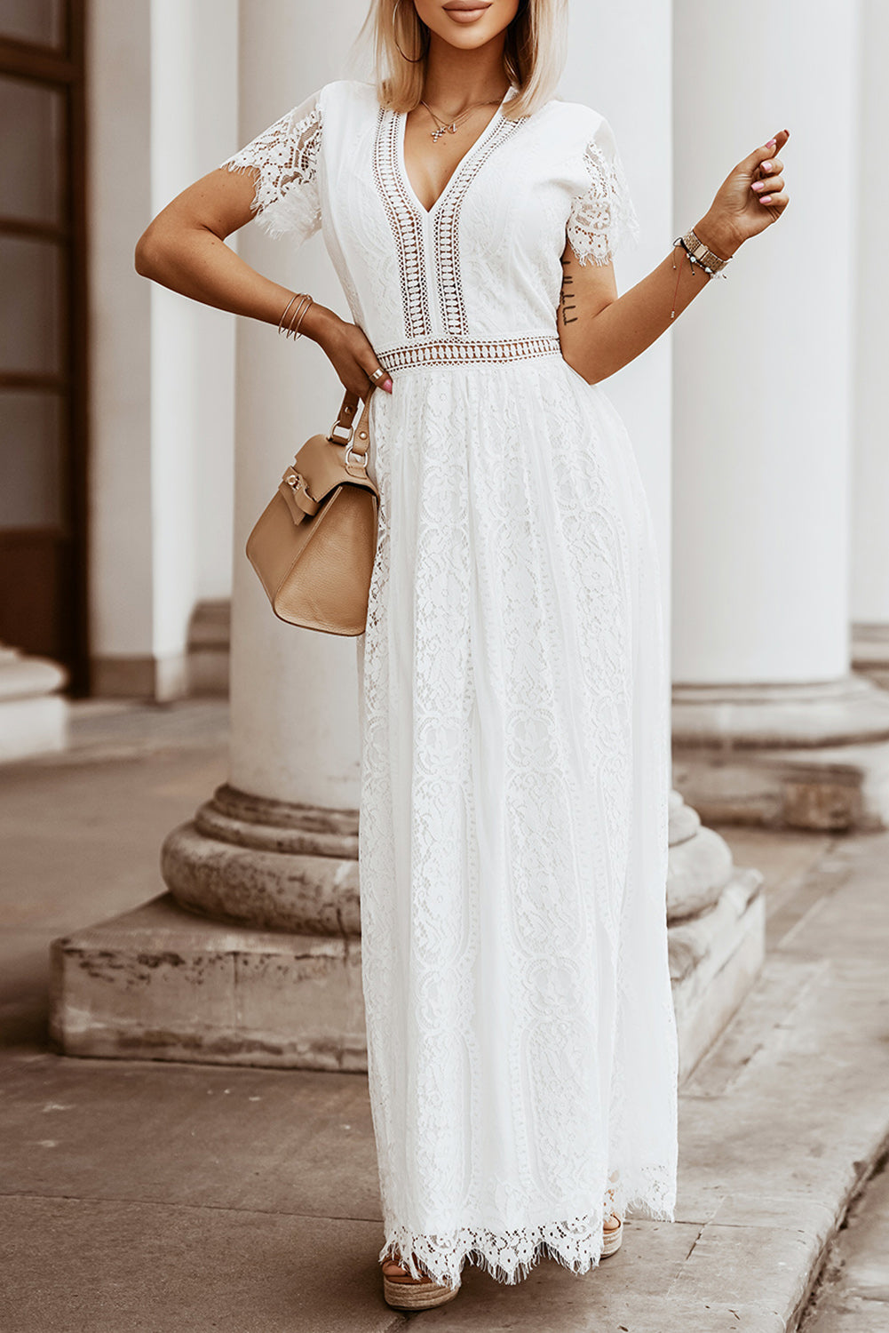 White Blue Fill Your Heart Lace Long Dress White 95%Polyester+5%Spandex Maxi Dresses JT's Designer Fashion