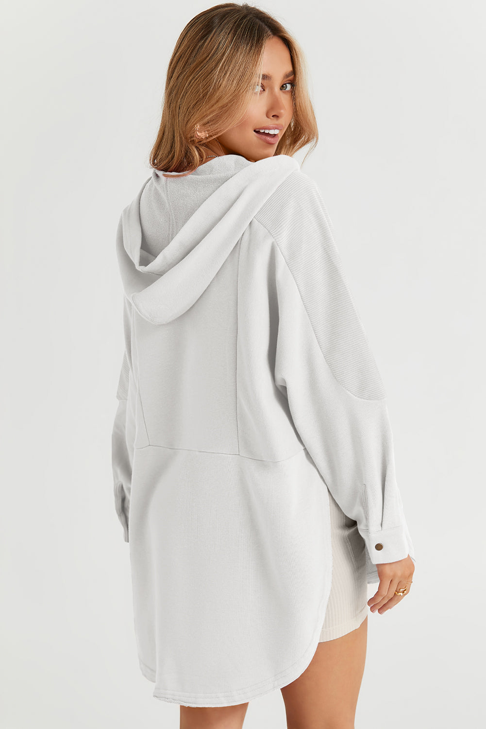 White Patchwork Side Pockets Oversized Henley Hoodie Sweatshirts & Hoodies JT's Designer Fashion