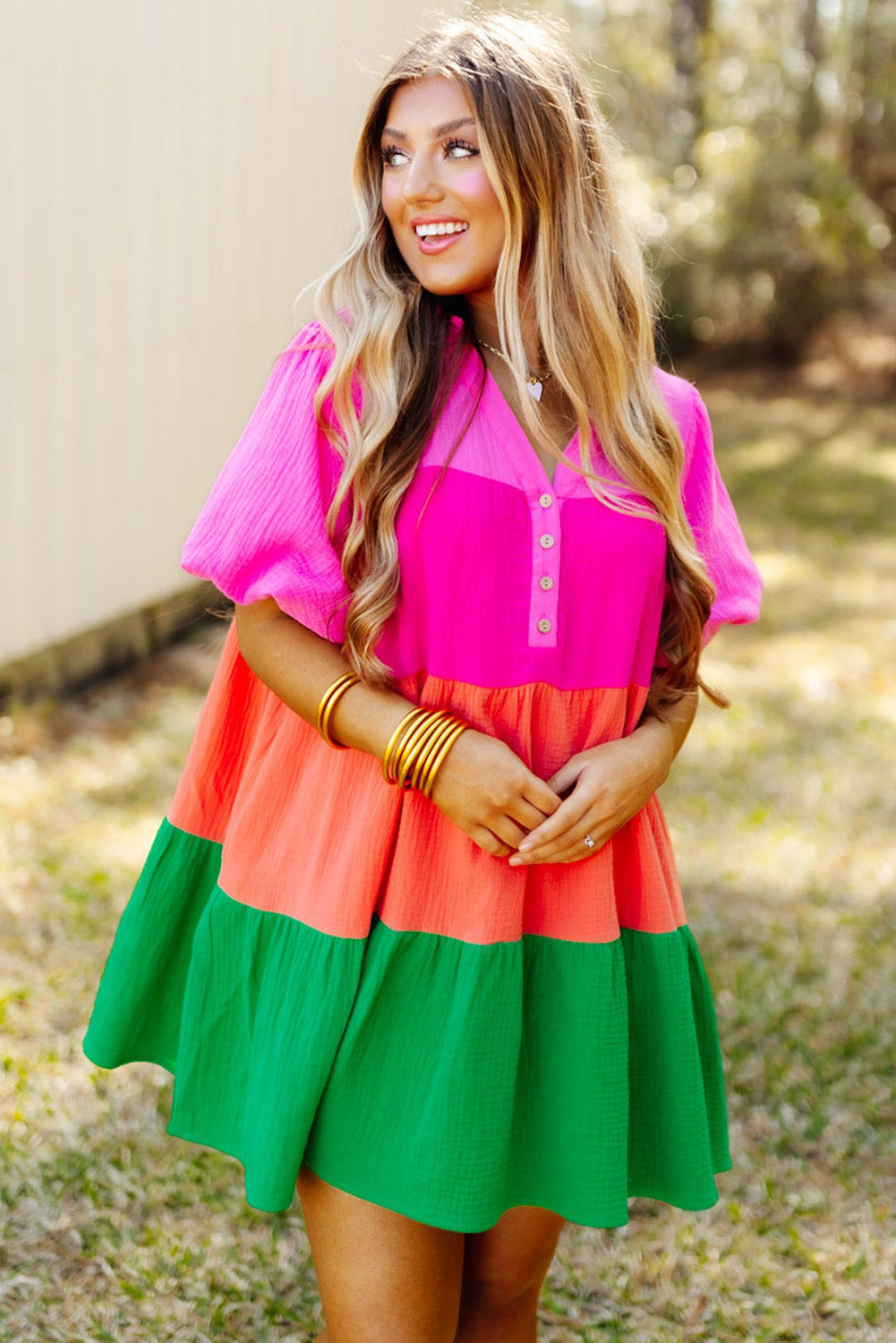 Multicolor Color Block Tiered Puff Sleeve Dress Mini Dresses JT's Designer Fashion