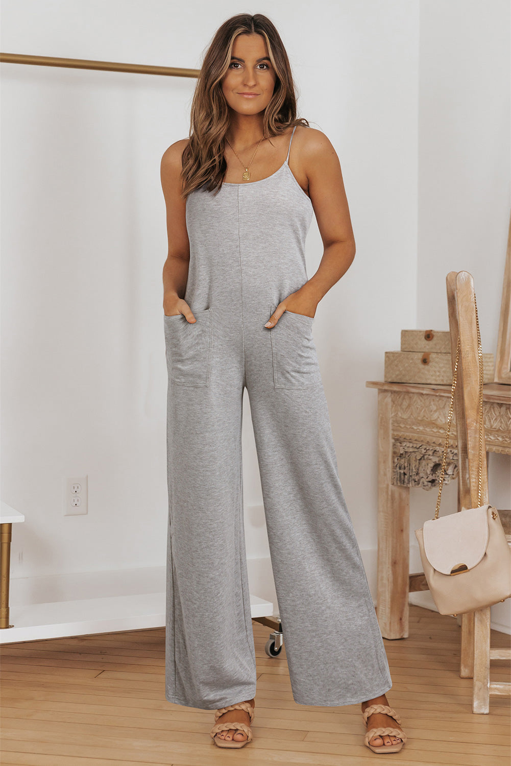 Gray Loose Fit Side Pockets Spaghetti Strap Wide Leg Jumpsuit Jumpsuits & Rompers JT's Designer Fashion