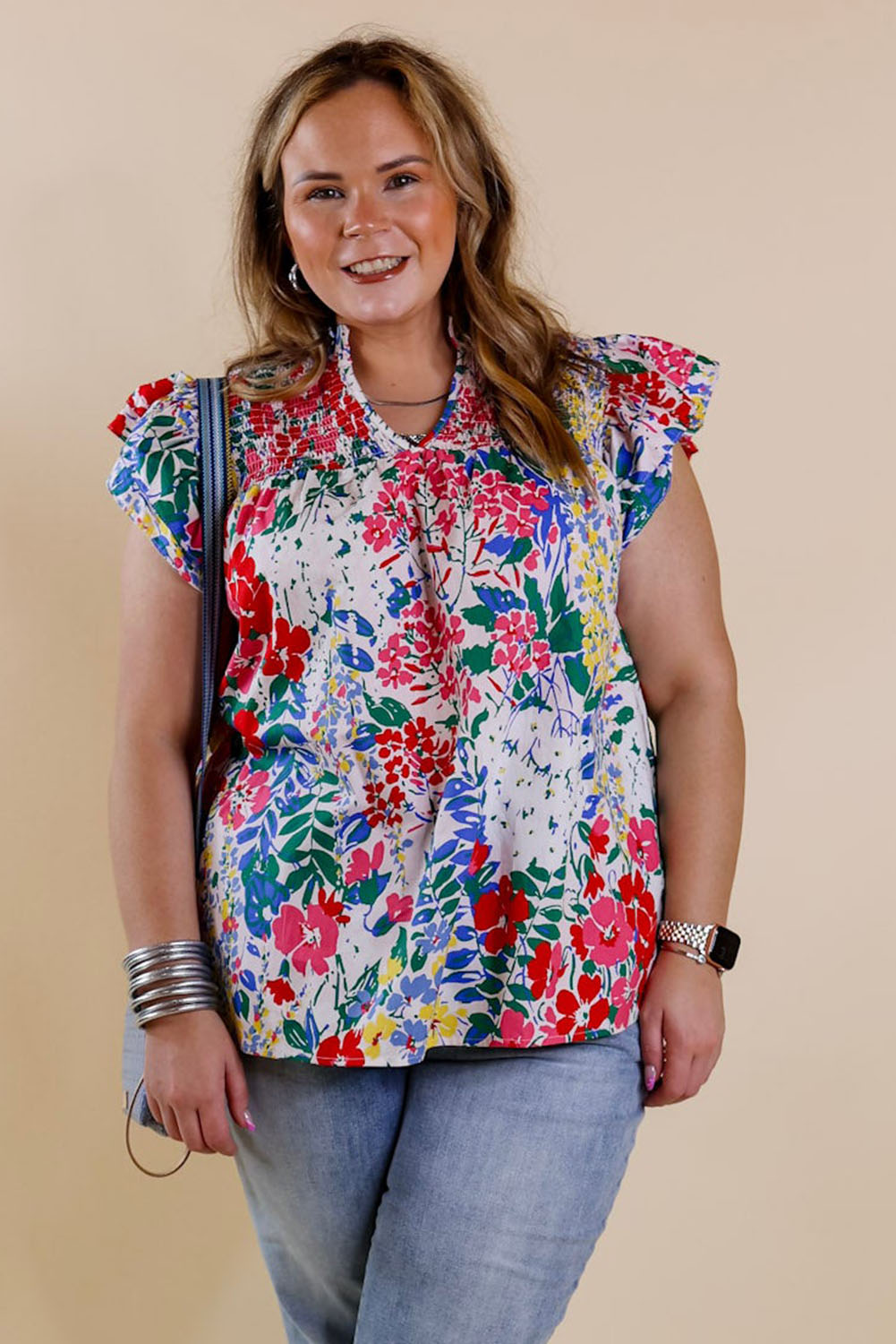 Red Plus Floral Print Ruffle Cap Sleeve V Neck Blouse Plus Size JT's Designer Fashion