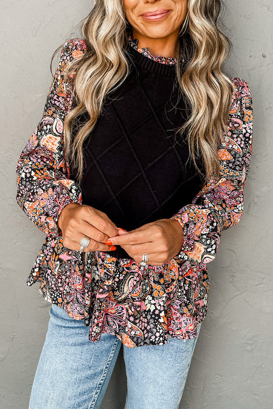 Black Cable Knit Contrast Floral Sleeve Peplum Sweater Sweaters & Cardigans JT's Designer Fashion