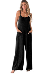 Black Loose Fit Side Pockets Spaghetti Strap Wide Leg Jumpsuit Jumpsuits & Rompers JT's Designer Fashion