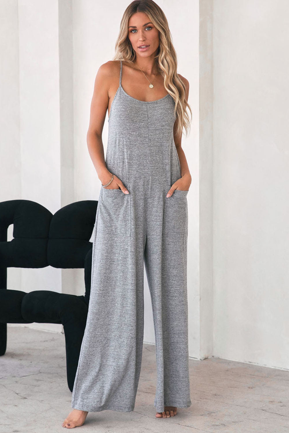 Gray Loose Fit Side Pockets Spaghetti Strap Wide Leg Jumpsuit Jumpsuits & Rompers JT's Designer Fashion