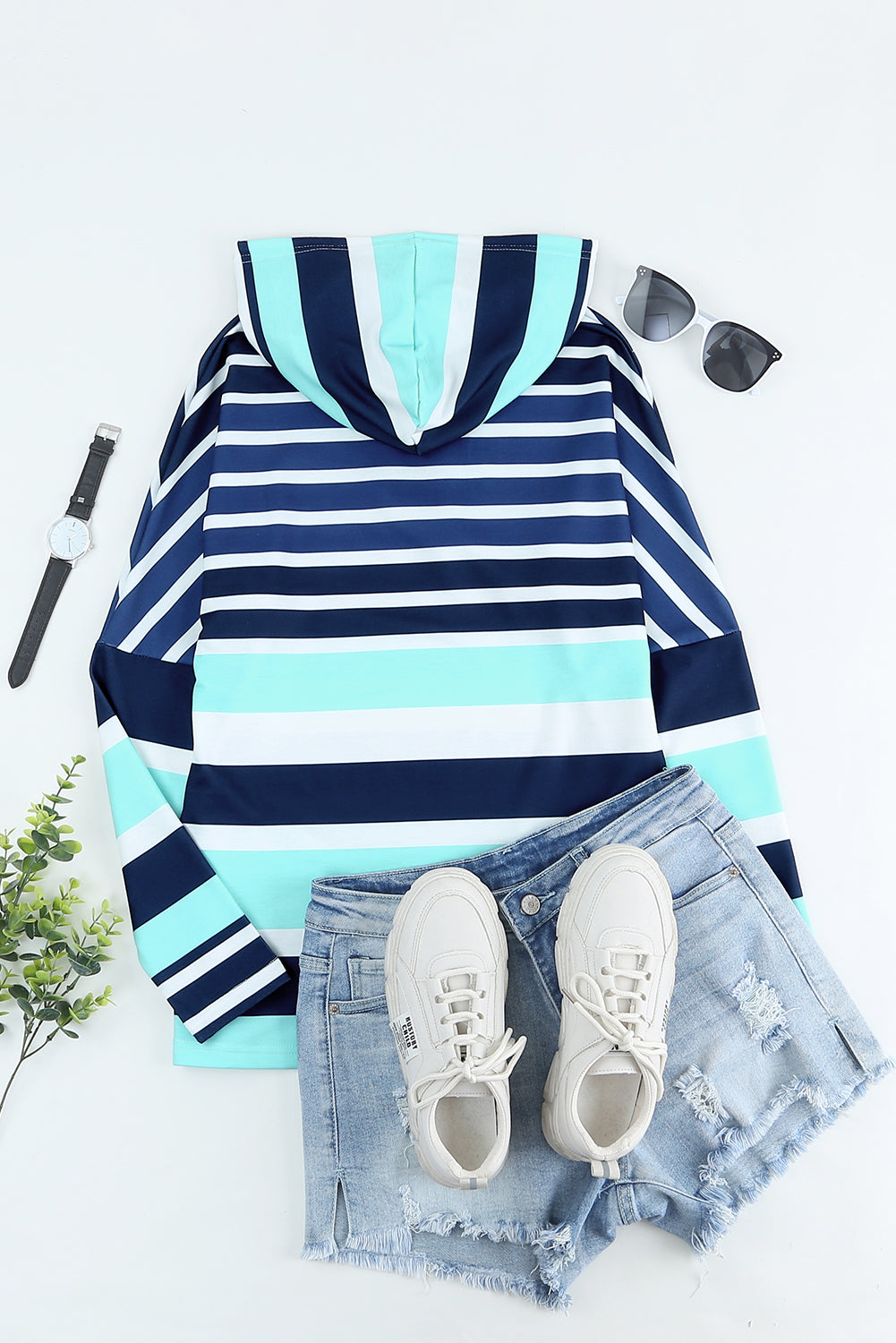 Multi Striped Drawstring Long Sleeve Hoodie Sweatshirts & Hoodies JT's Designer Fashion