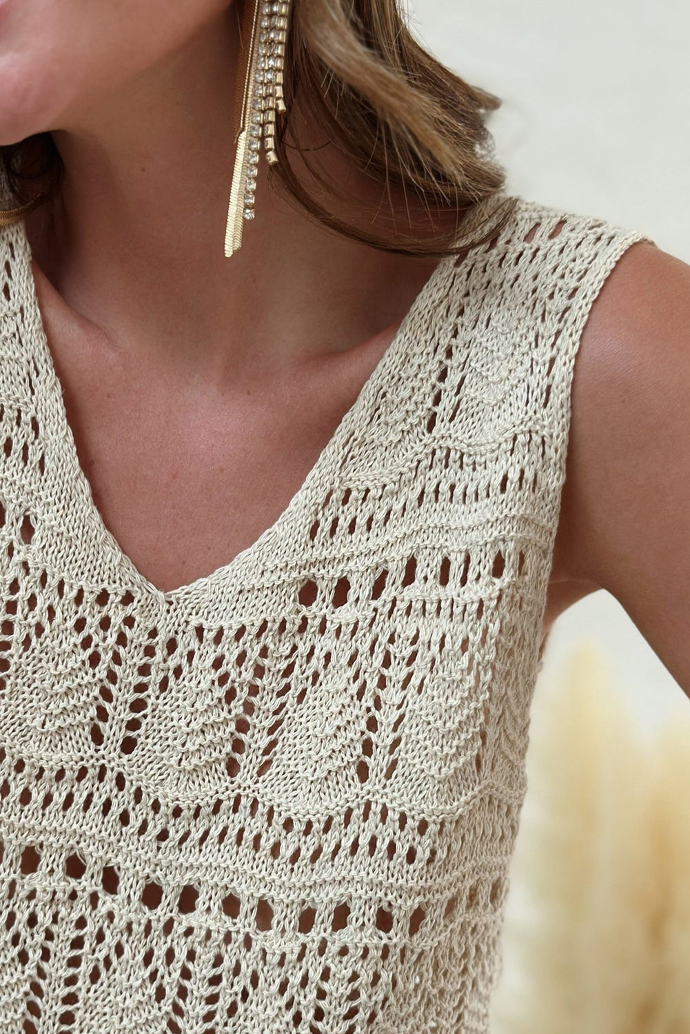 Apricot V Neck Textured Hollow-out Sweater Vest Sweaters & Cardigans JT's Designer Fashion