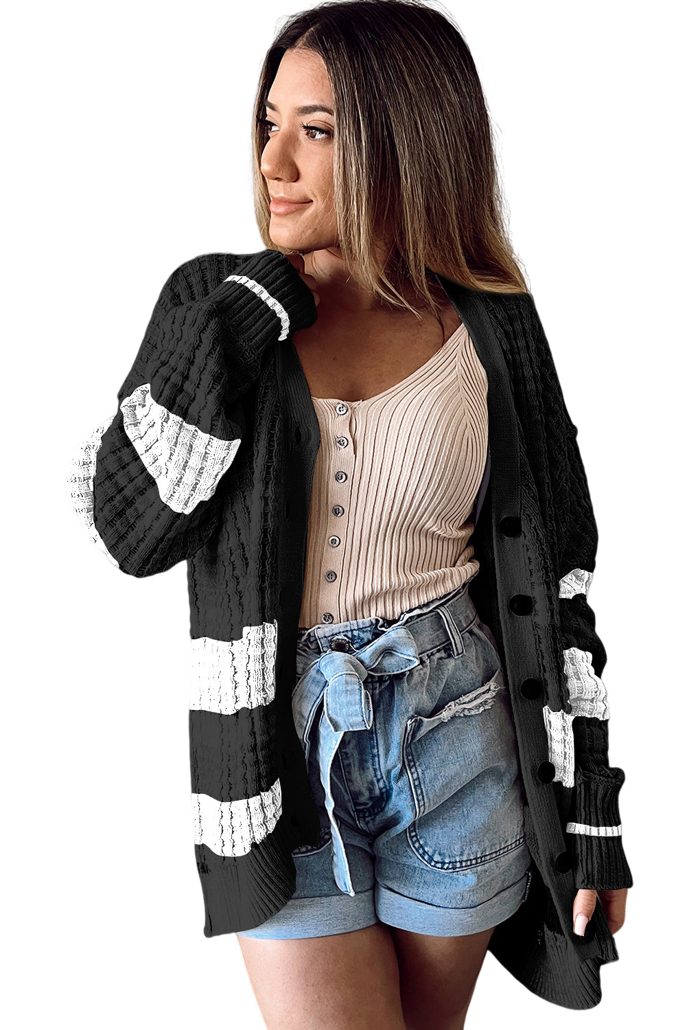 Black Colorblock Textured Knit Buttoned Cardigan Sweaters & Cardigans JT's Designer Fashion