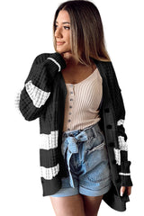 Black Colorblock Textured Knit Buttoned Cardigan Sweaters & Cardigans JT's Designer Fashion