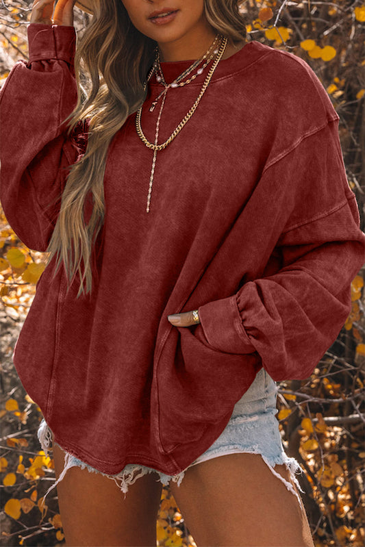 Red Exposed Seam Twist Open Back Oversized Sweatshirt Sweatshirts & Hoodies JT's Designer Fashion