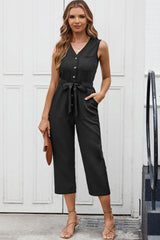 Black Buttoned Sleeveless Cropped Jumpsuit with Sash Black 95%Polyester+5%Elastane Jumpsuits & Rompers JT's Designer Fashion