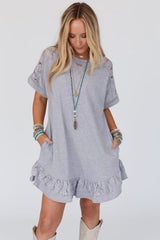 Light Grey Lace Floral Patchwork Ruffled Short Sleeve Mini Dress Mini Dresses JT's Designer Fashion
