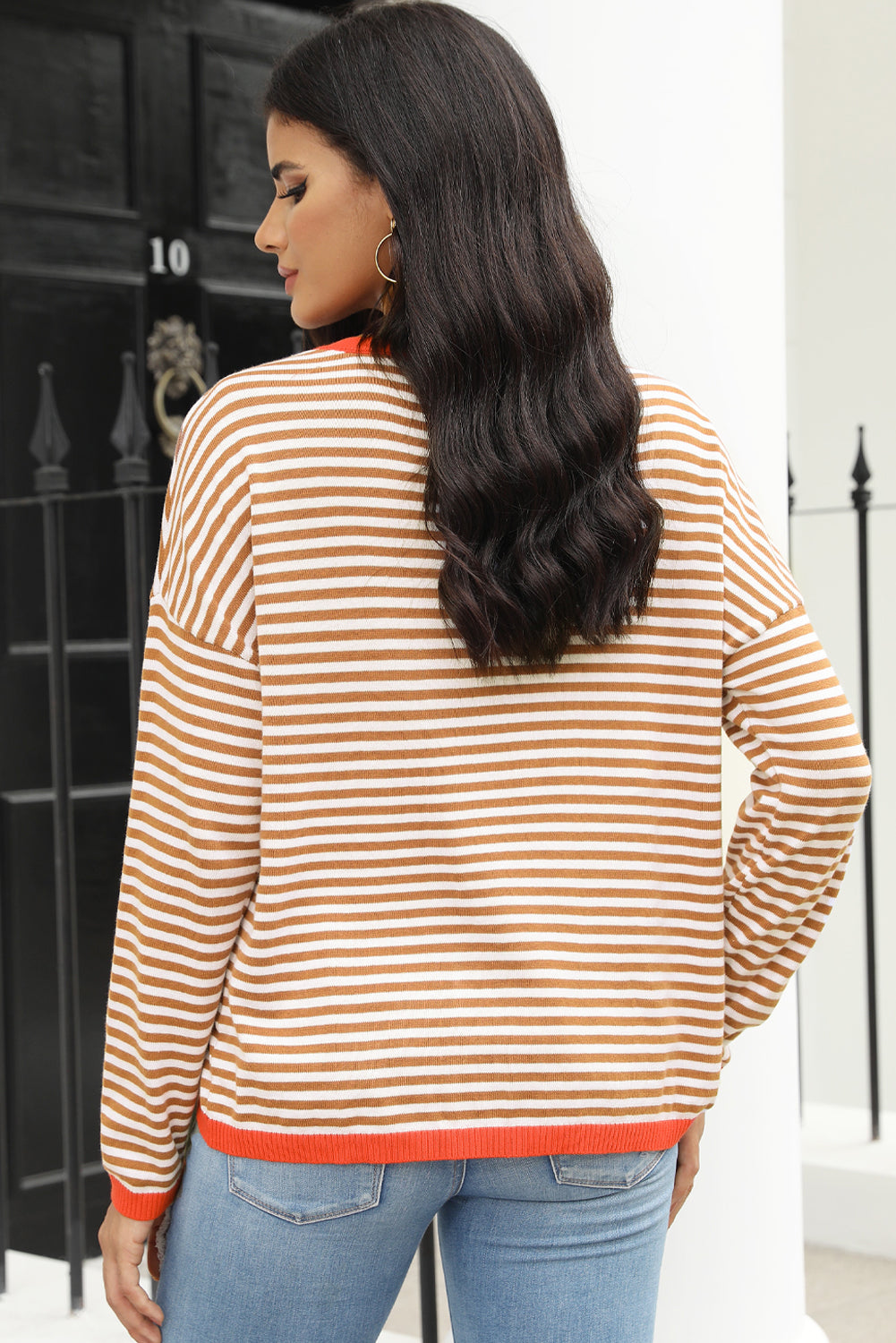 Brown Contrast Trimmed Striped Drop Shoulder Sweater Sweaters & Cardigans JT's Designer Fashion