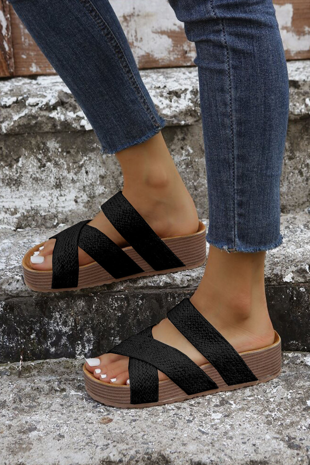 Black Linen Woven Cross Criss Hollowed Slip-On Slippers Slippers JT's Designer Fashion