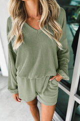 Grass Green Corded V Neck Slouchy Top Pocketed Shorts Set Bottoms JT's Designer Fashion