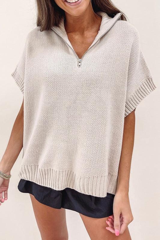 Light Grey Quarter Zip Short Batwing Sleeve Sweater Sweaters & Cardigans JT's Designer Fashion
