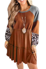 Brown Waffle Knit Leopard Patchwork Long Sleeve Dress Mini Dresses JT's Designer Fashion