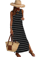 Black Stripe Print Open Back Sleeveless Long Dress with Slits Maxi Dresses JT's Designer Fashion