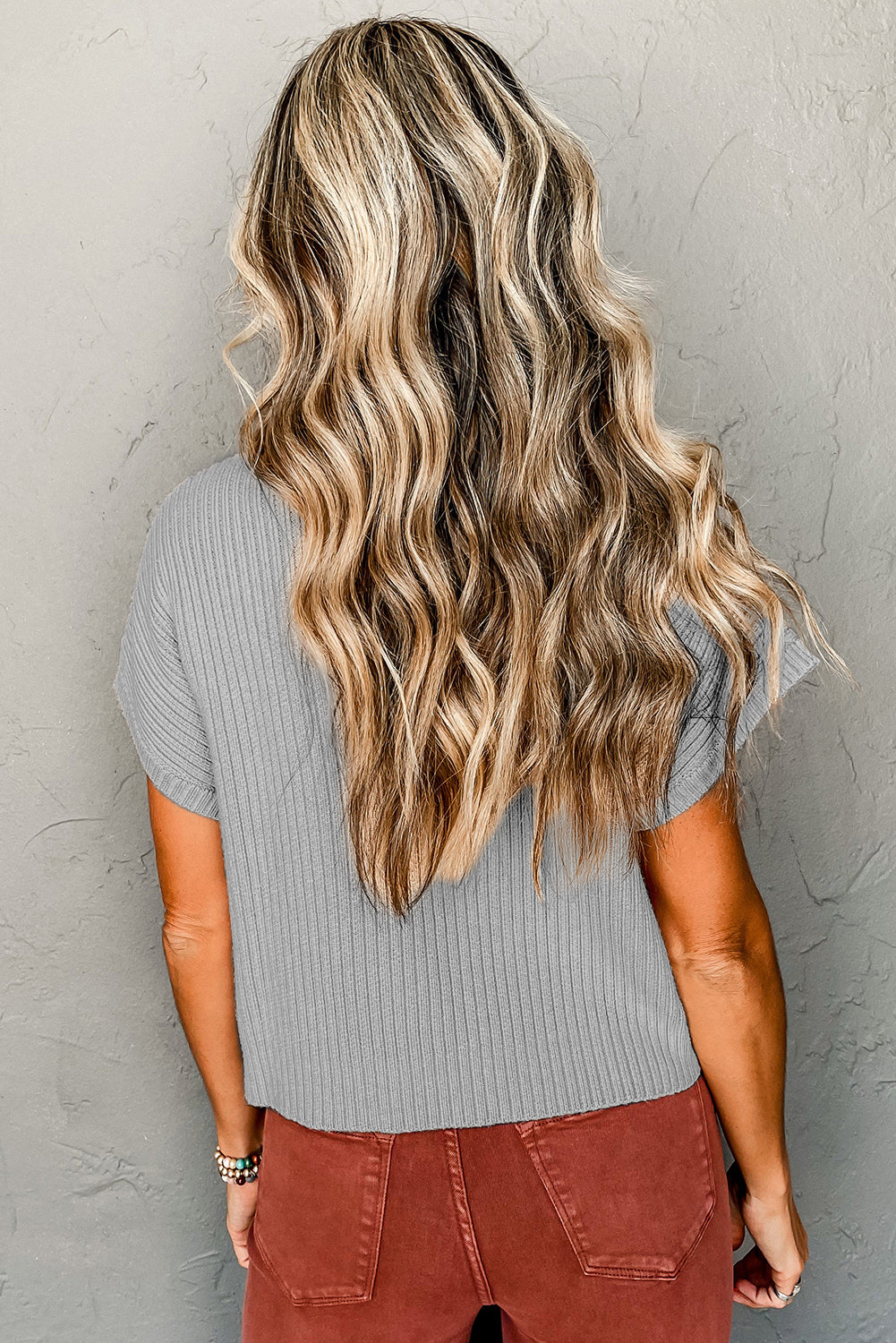 Gray Patch Pocket Ribbed Knit Short Sleeve Sweater Sweaters & Cardigans JT's Designer Fashion