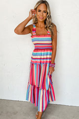 Red Stripe Ruffle Straps Smocked Tiered Long Dress Dresses JT's Designer Fashion