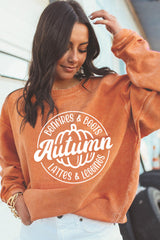 Orange Autumn Pumpkin Graphic Print Corded Oversized Sweatshirt Graphic Sweatshirts JT's Designer Fashion