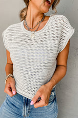 White Hollow Out Knit Cap Sleeve Sweater Top Sweaters & Cardigans JT's Designer Fashion