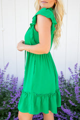 Bright Green Split V Neck Elastic Waist Ruffled Dress Dresses JT's Designer Fashion