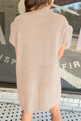 Oatmeal Patch Pocket Ribbed Knit Short Sleeve Sweater Dress Dresses JT's Designer Fashion