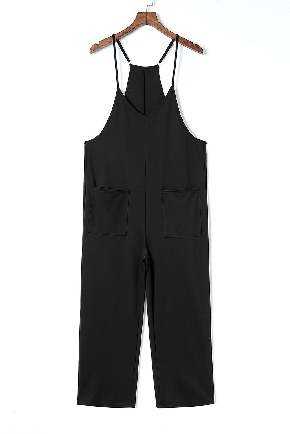 Black Pocketed Adjustable Spaghetti Strap Straight Leg Jumpsuit Jumpsuits & Rompers JT's Designer Fashion