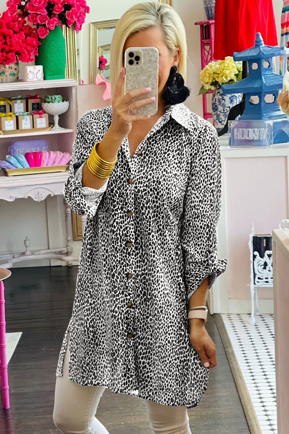 Long Sleeve Leopard Animal Print Shirt Dress Mini Dresses JT's Designer Fashion