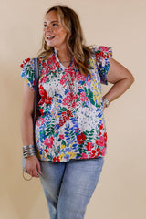 Red Plus Floral Print Ruffle Cap Sleeve V Neck Blouse Plus Size JT's Designer Fashion