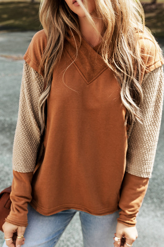 Chestnut Contrast Splicing Sleeves Hooded Sweatshirt Sweatshirts & Hoodies JT's Designer Fashion