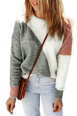 Gray Multicolor Colorblock Ribbed Trim Round Neck Sweater Sweaters & Cardigans JT's Designer Fashion