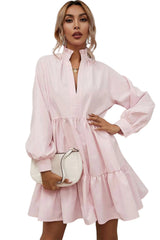 Pink Frilled Stand Collar Long Sleeve Ruffle Dress Mini Dresses JT's Designer Fashion